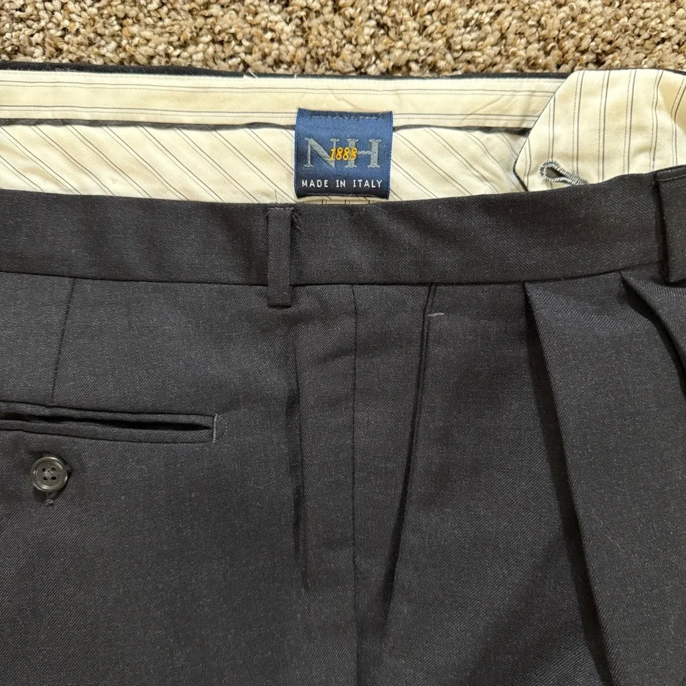NH 1881 Made in Italy Men 38 Super 120s Tasmanian Wool Pleated Dress Pants Black